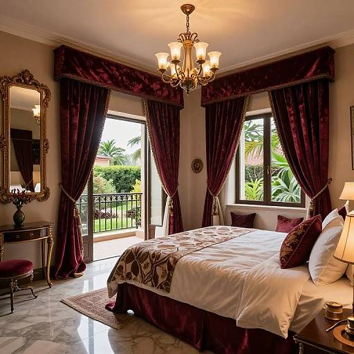 Luxurious bedroom with rich burgundy curtains, ornate chandelier, large bed with white and brown patterned bedding, and a balcony view. Photograph