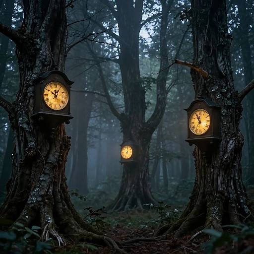 Photograph of a mystical forest at night, featuring three glowing, vintage-style clock faces embedded in tree trunks, casting a warm yellow light in the