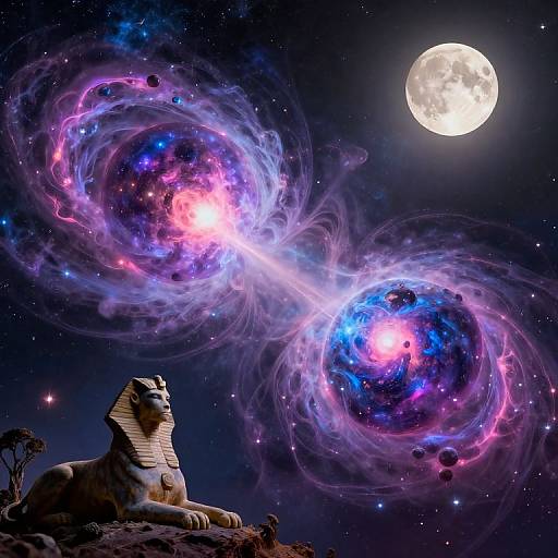Digital artwork of a majestic, ancient Egyptian-style lion statue gazing at cosmic nebulae with glowing, purple and blue swirling clouds under a full moon