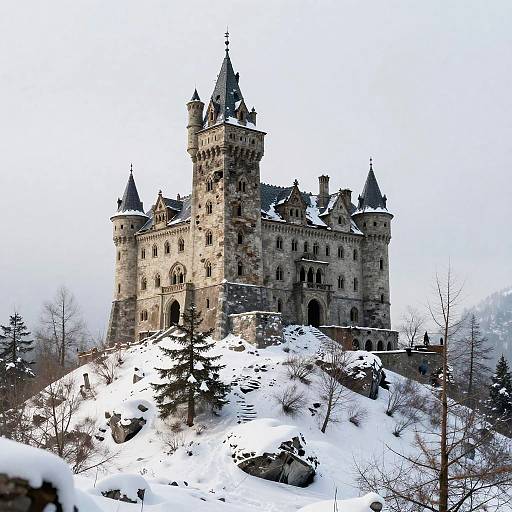 Photograph of a snow-covered, medieval-style castle with multiple tall, pointed towers and arched windows, nestled on a rocky, forested hill.