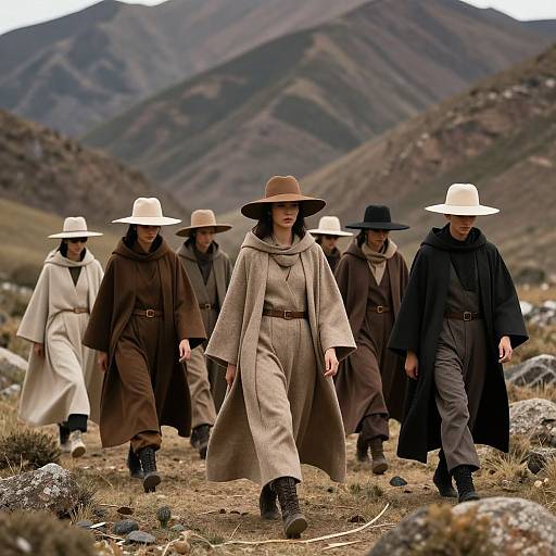 Photograph of a group of seven people in 19th-century Western-style clothing and wide-brimmed hats walking through a rocky, mountainous landscape