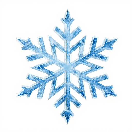Digital illustration of a crystalline blue snowflake with six pointed arms, featuring a transparent, icy texture on a white background.