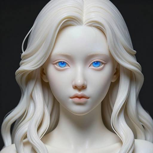 Digital portrait of a white marble statue with striking blue eyes, flowing platinum blonde hair, and a serene expression, set against a black background.