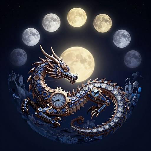 Digital artwork of a metallic, clockwork dragon with gears and scales, coiled beneath a bright full moon and seven smaller moons. Dark, starry
