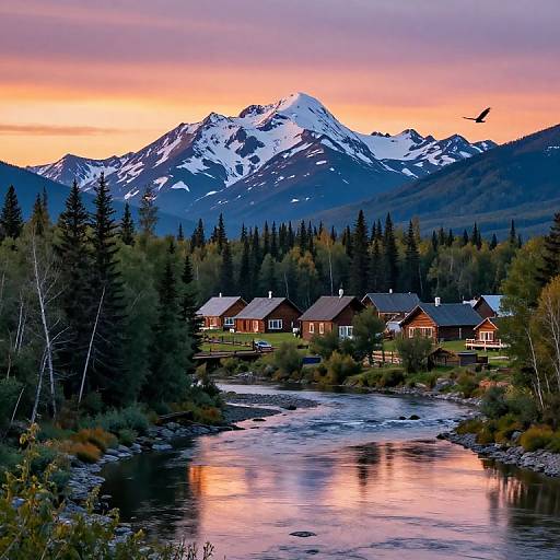 Photograph of a serene mountain landscape at sunset, featuring snow-capped peaks, a reflective river, and red wooden cabins nestled among evergreen trees.