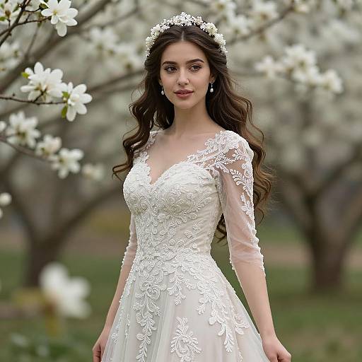 Photograph of a beautiful brunette woman with long wavy hair, wearing a white lace wedding dress and tiara, standing in a blooming orchard