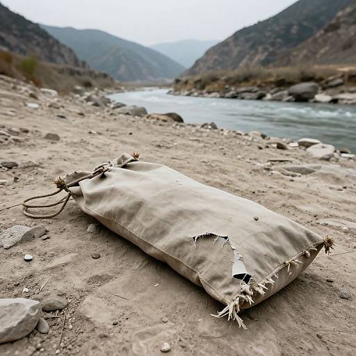 Photograph of a weathered, beige, frayed-edged sack lying on a rocky riverbank, with a mountainous valley and flowing river in