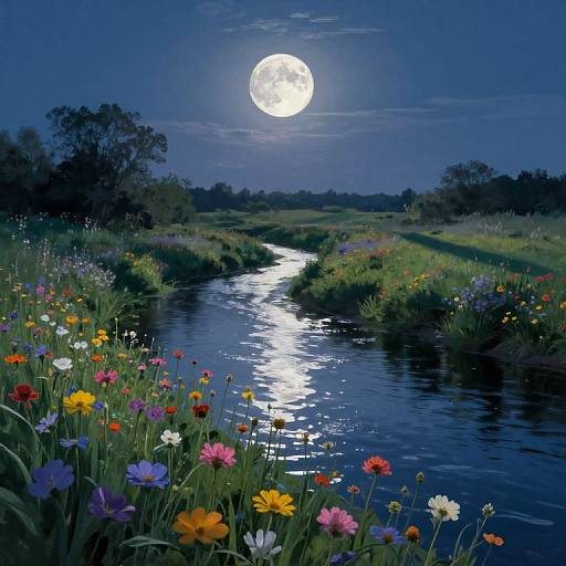 Moonlit night scene: Full moon over a reflective river, surrounded by colorful wildflowers, lush greenery, and distant trees. Digital artwork.