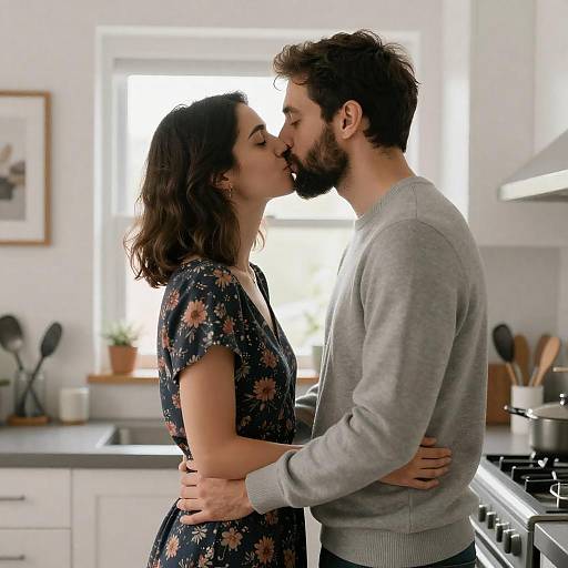 Intimate Kitchen Kiss in Soft Light