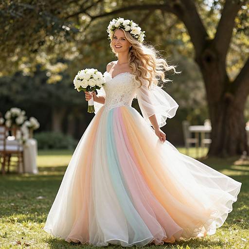 Photograph of a smiling blonde bride in an off-shoulder, pastel rainbow gown, floral crown, holding white roses, standing in sunlit