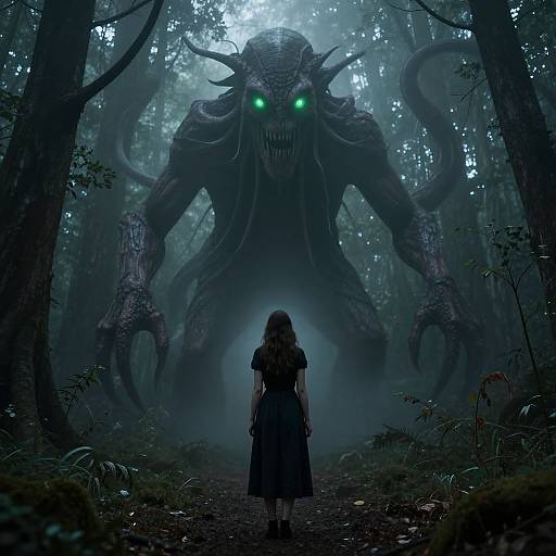 Digital artwork: Dark forest, glowing green-eyed monster looming over small, scared girl in black dress, misty trees, eerie atmosphere.