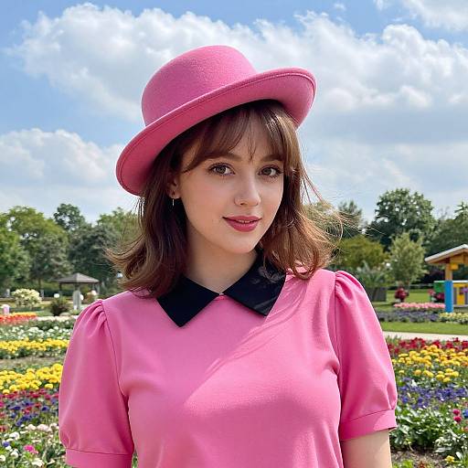 Photograph of a young woman with light skin, brown hair, wearing a pink hat and pink dress with a black collar, standing in a vibrant,