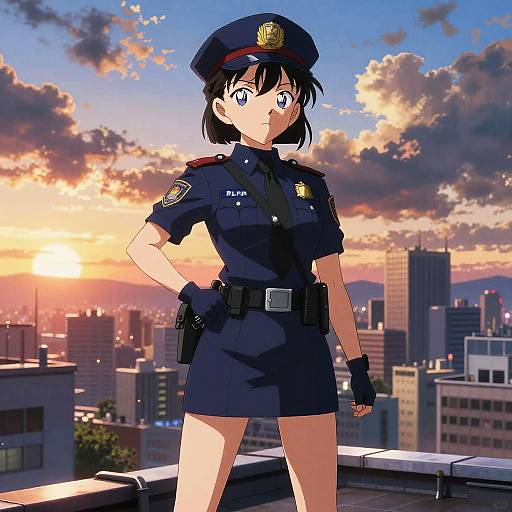 Digital anime-style drawing of a confident female police officer in a blue uniform, standing on a rooftop at sunset, overlooking a city skyline.