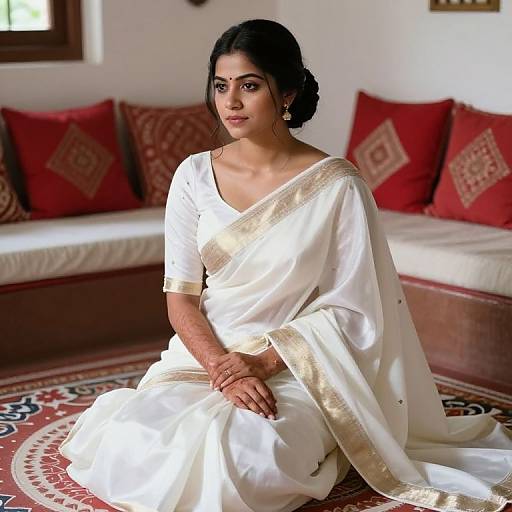 Photograph of an Indian woman with dark hair in a white silk saree with gold borders, sitting on a red-patterned rug in a room with