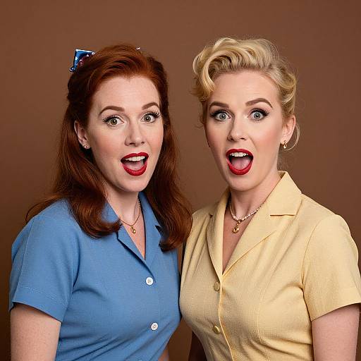 Photograph of two women with 1950s-style hair and makeup, wearing blue and yellow button-up shirts, both smiling and opening their mouths in