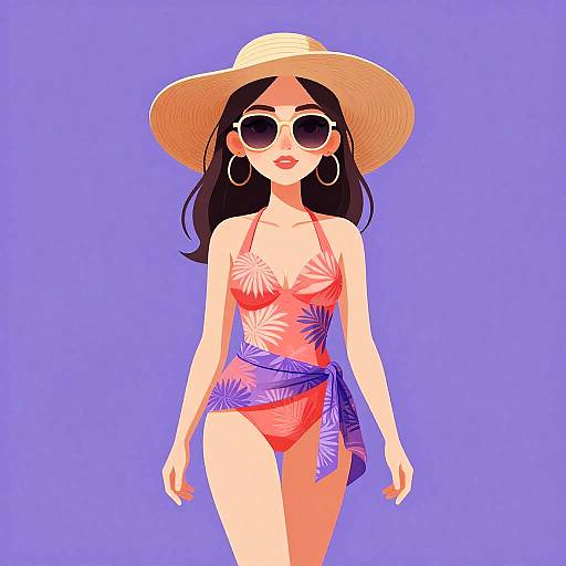 Woman in Vibrant Coral One-Piece Swimsuit with Sun Hat