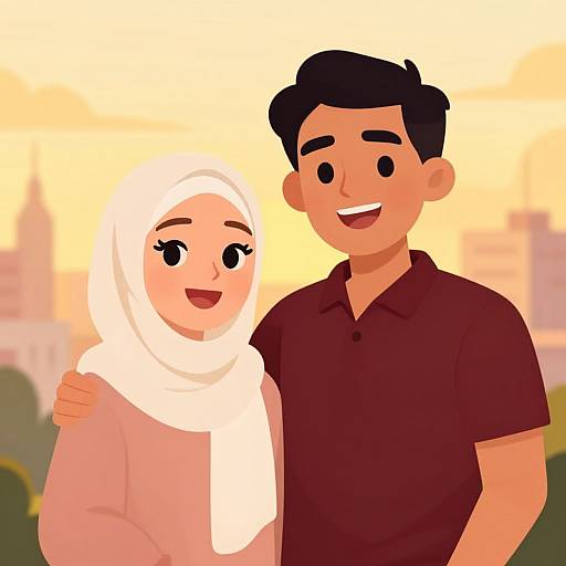 Joyful Cartoon Couple at Golden Hour
