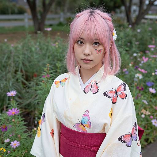Photograph of an Asian woman with pink hair and butterfly face paint, wearing a white kimono with butterfly patterns and a red obi, standing in