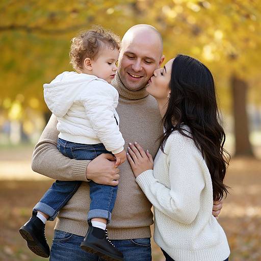 Photograph of a smiling bald man in a beige sweater, holding a curly-haired toddler in a white hoodie, with a black-haired woman kissing his cheek