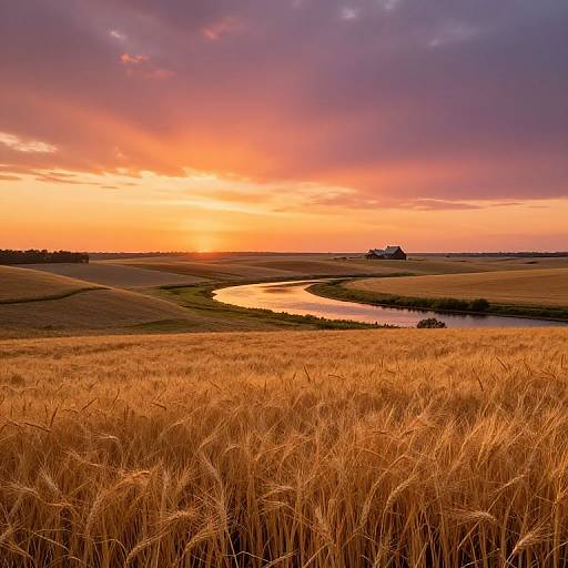 Photograph of a golden wheat field at sunset, with a winding river, a small house in the distance, and vibrant orange and purple clouds in the