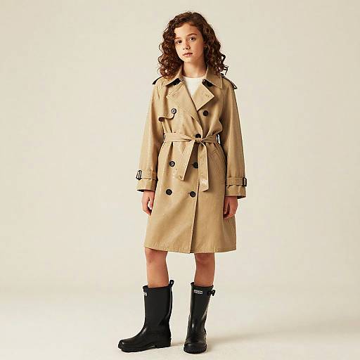 Photograph of a young woman with curly brown hair, wearing a beige trench coat, white shirt, and black knee-high boots, standing against a plain