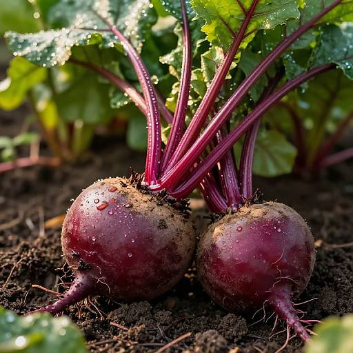Photograph of two fresh, purple beetroot with vibrant red stems, covered in water droplets, growing in dark, rich soil with green leaves in