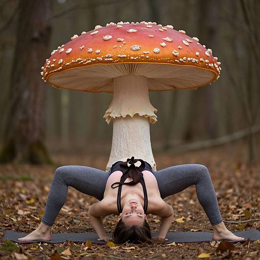 Photograph of a woman in black sports bra and gray leggings, doing a yoga pose outdoors, with a giant, red-spotted mushroom behind her in