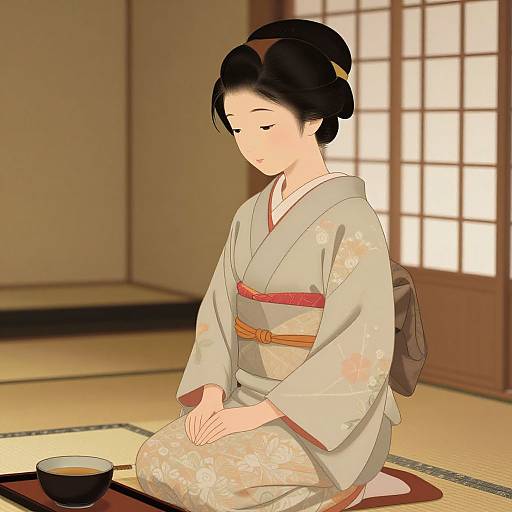 Digital anime-style drawing of a serene Japanese woman in a floral-patterned kimono, seated on a tatami mat, near a tea bowl.