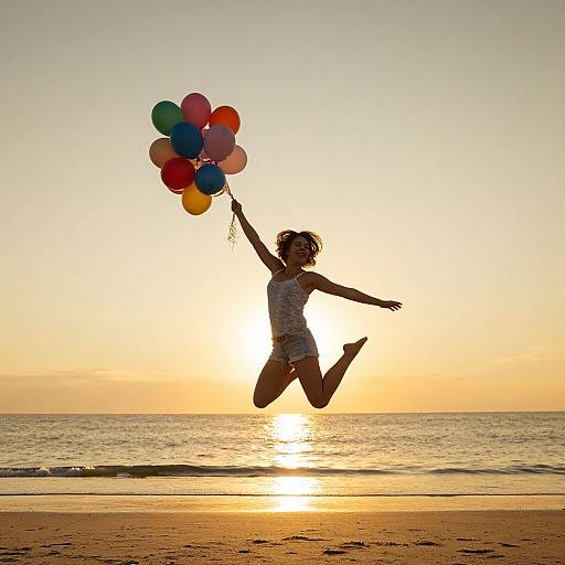 Photograph of a joyful woman with curly hair, wearing a white tank top and shorts, jumping on a beach at sunset, holding colorful balloons, with