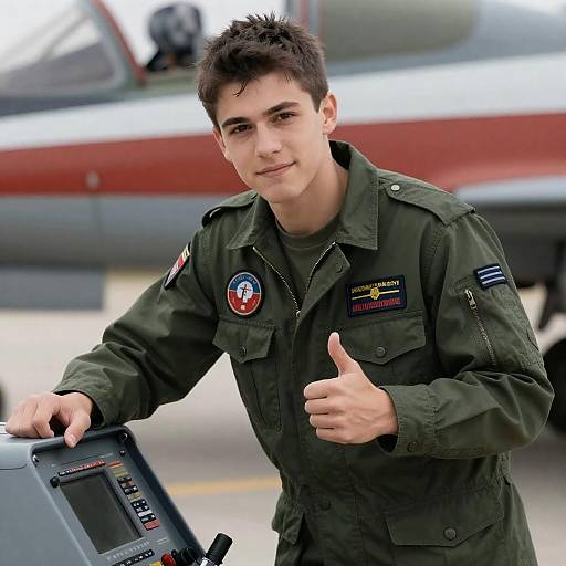 Thumbs-Up Young Man in Military Aircraft