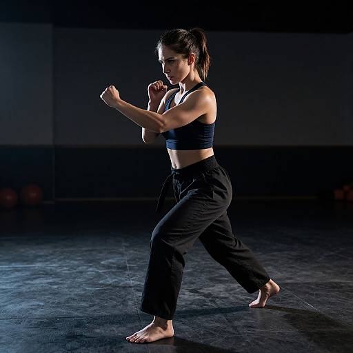 Photograph of a fit woman with dark hair in a ponytail, wearing a black sports bra and loose black pants, barefoot, performing a boxing