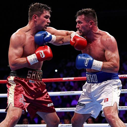 Photograph of intense boxing match: muscular, shirtless boxer in red shorts delivers blue-gloved punch to opponent in white shorts. Boxing ring ropes