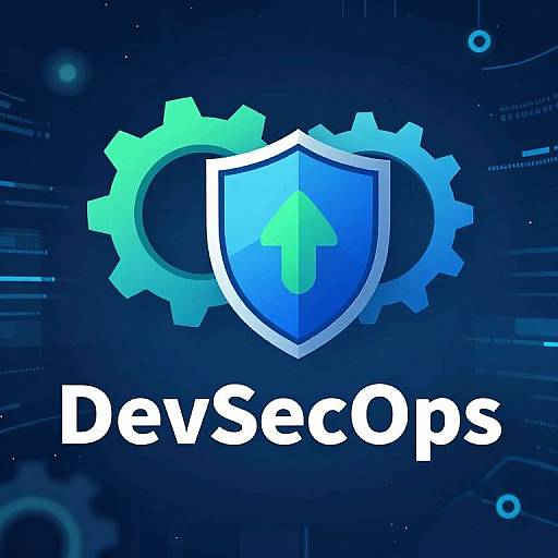 Digital logo featuring a blue shield with a green arrow, surrounded by interlocking blue and green gears, on a dark blue tech-themed background with the word