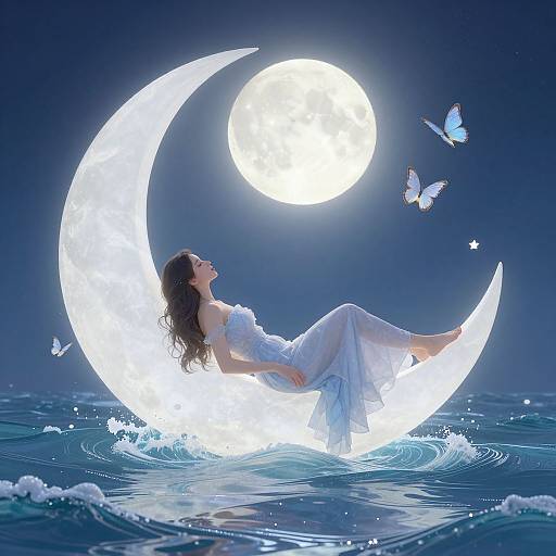 Dreamy illustration: A woman in a white dress lounges on a glowing crescent moon, surrounded by luminescent water and floating blue butterflies,