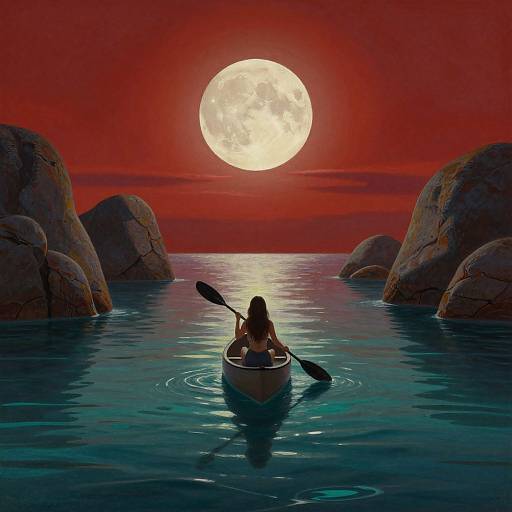 Silhouetted woman kayaking in a serene, moonlit lake with red sky and large rocks, using a double-bladed paddle. Digital art