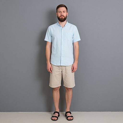 Photograph of a bearded man with short dark hair, wearing a light blue short-sleeve shirt, beige shorts, and black sandals, standing