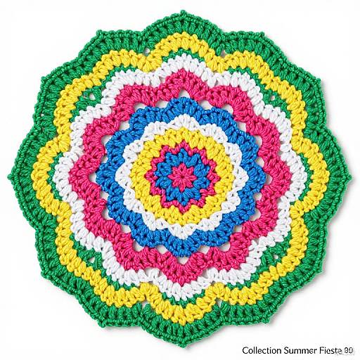Vibrant, hand-crocheted flower-pattern doily with concentric circles in green, yellow, white, pink, blue, and red