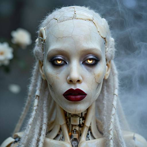 Digital artwork of a cracked, white-faced, robotic woman with glowing yellow eyes, red lips, and white dreadlocks, surrounded by smoke and blurred white