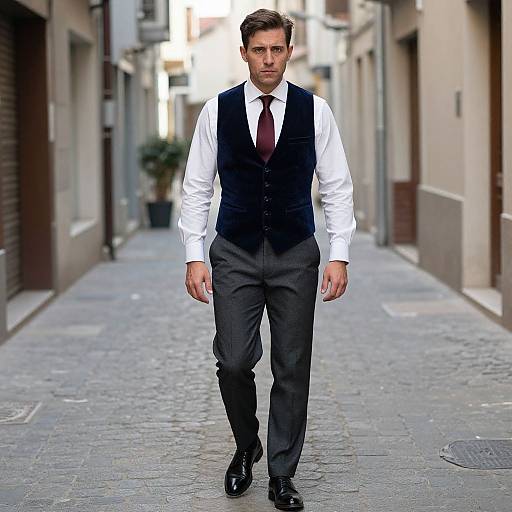 Photograph of a handsome, serious-looking man walking down a narrow, cobblestone alley. He wears a white shirt, black vest, red tie