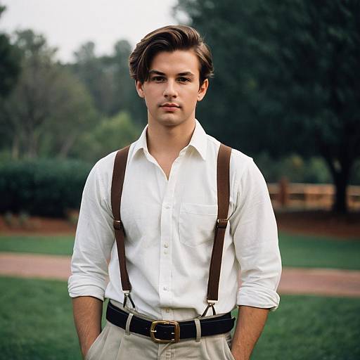 Young Man in White Shirt and Suspenders Outdoors