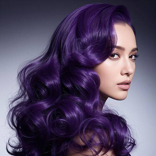 Photorealistic portrait of a woman with voluminous, wavy, deep purple hair, light skin, and intense gaze, set against a gradient blue