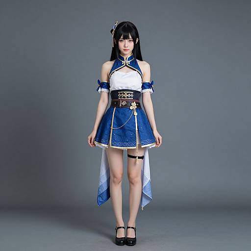 Photograph of an Asian woman in a blue and white anime-style cosplay outfit with black hair, standing against a gray background.