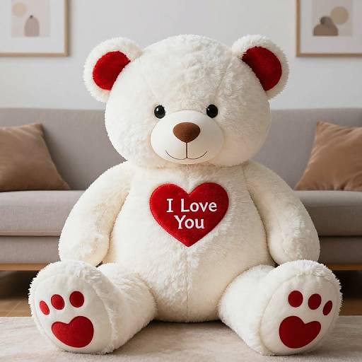 Photograph of a large, white plush teddy bear with red ears, paws, and a heart-shaped chest patch saying 