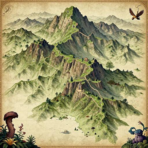 Fantasy mountain landscape with winding green paths, small houses, trees, and mythical creatures like a mushroom and bird, framed in an ornate border.
