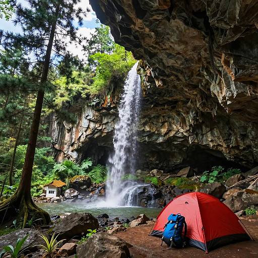 Vibrant Cave Entrance with Waterfall