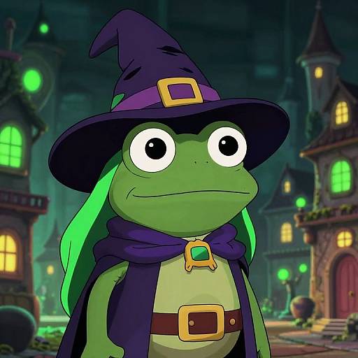 Digital cartoon of a green frog with large eyes, wearing a purple witch hat, cape, and belt, standing in a magical, lantern-lit village