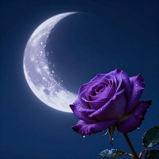 Photograph of a vibrant purple rose with droplets of water, set against a deep blue night sky with a glowing crescent moon.