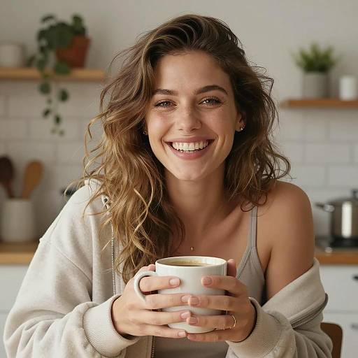 Laughing Woman with Coffee in Cozy Kitchen