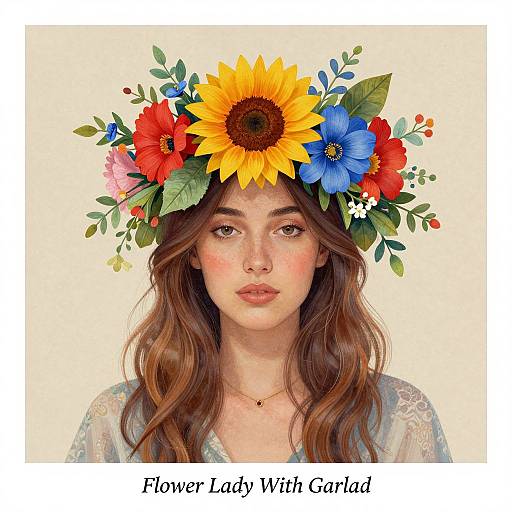 Digital portrait of a young woman with wavy brown hair, wearing a vibrant flower crown with sunflowers, red and blue flowers, and green leaves,
