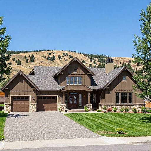 Photograph of a brown, rustic mountain house with a shingle roof, stone accents, two garages, and a gravel driveway, set against a